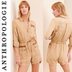 Anthropologie XS Ivy Khaki Tan Utility Long Sleeve Collared Zip Front Romper
